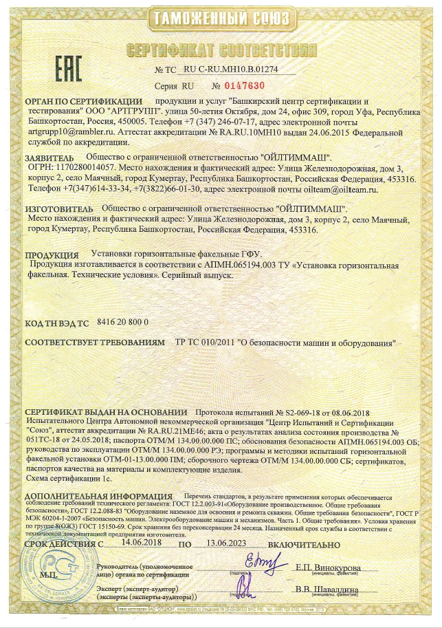 Установки горизонтальные факельные ГФУ (ТР ТС 010/2011)